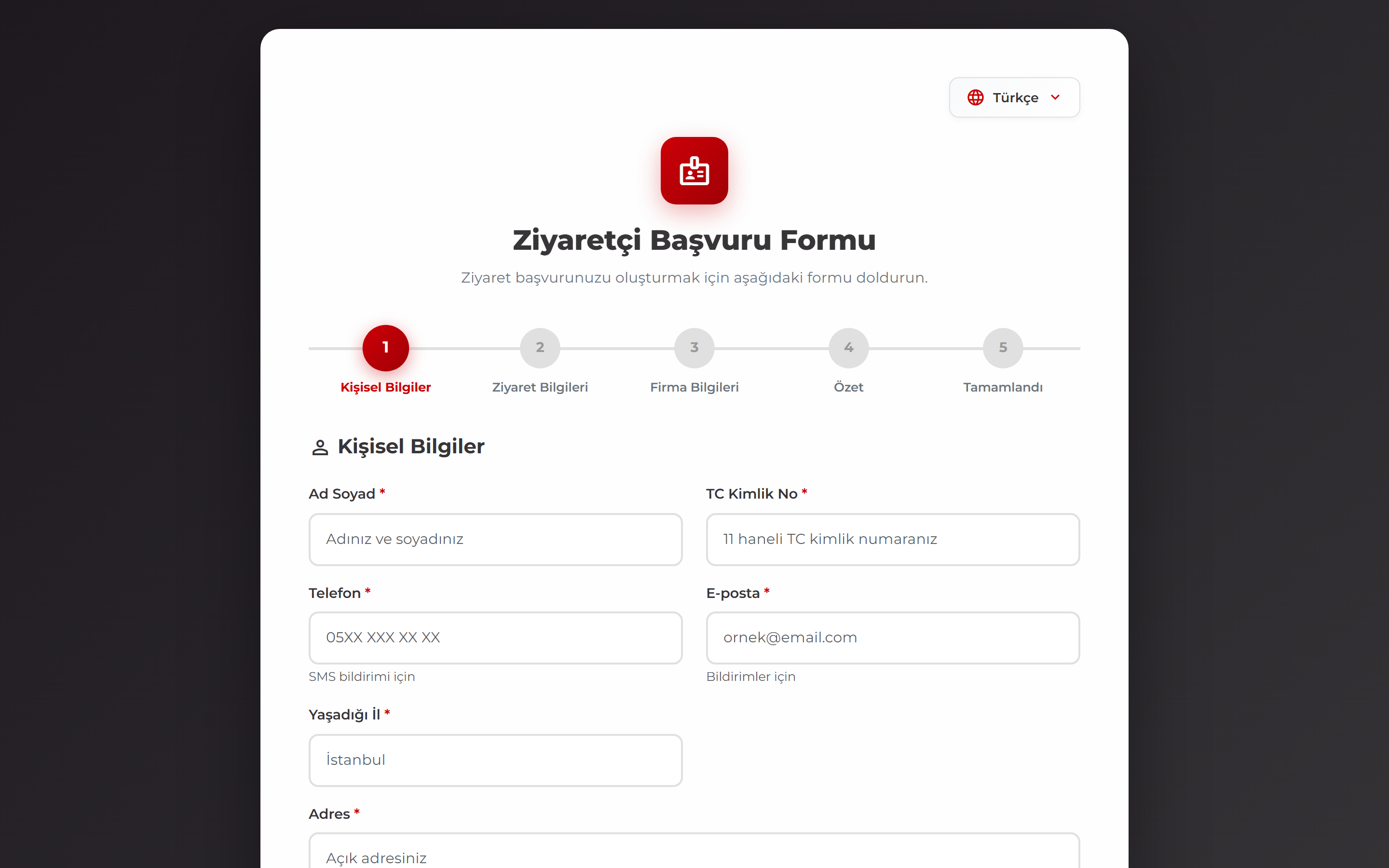 Online ziyaretçi başvuru formu