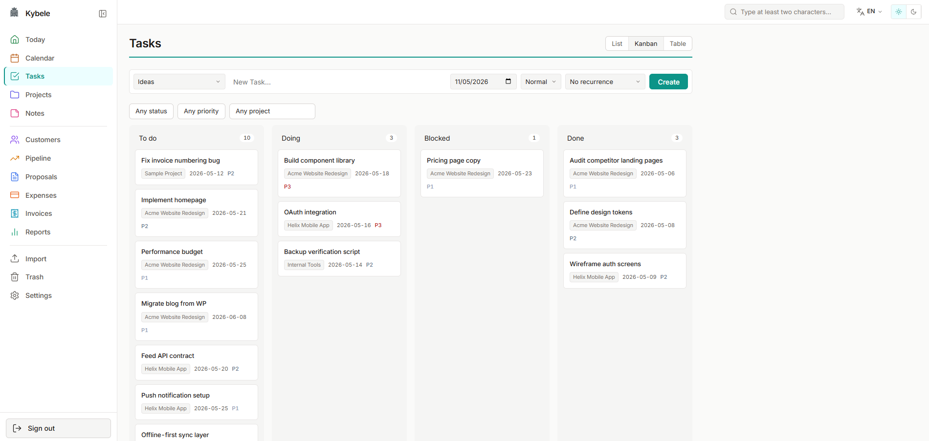 Tasks kanban view with drag-to-change-status columns