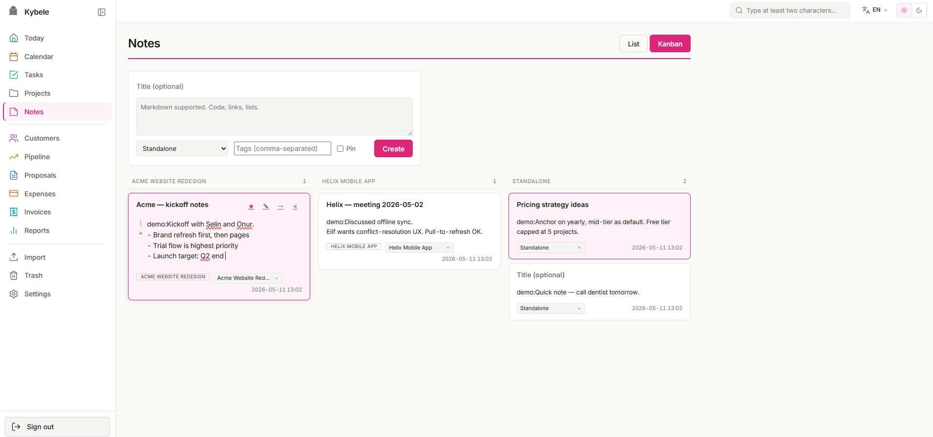 Notes block editor with paragraphs, headings, lists, code, and inline backlinks