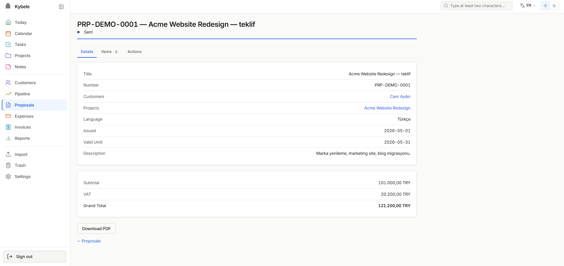 Proposal detail page with line items, VAT, totals, status workflow, and PDF download