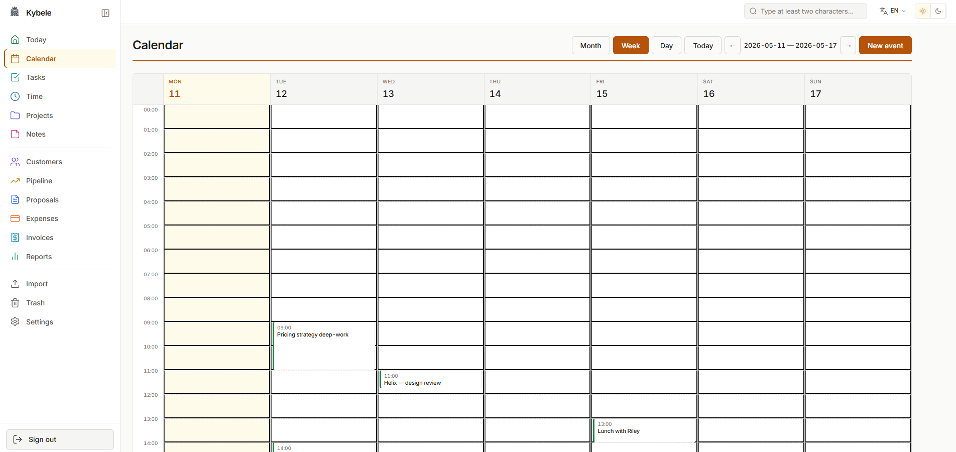 Built-in calendar week view with drag-to-reschedule events