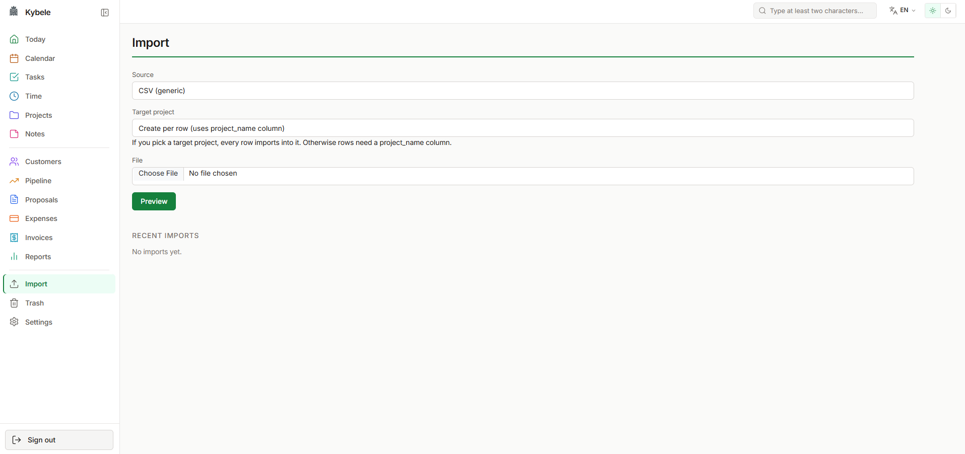 Bulk import form — CSV, Trello, Todoist, Notion adapters