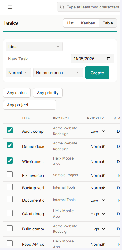 Mobile PWA task list with bottom navigation and FAB