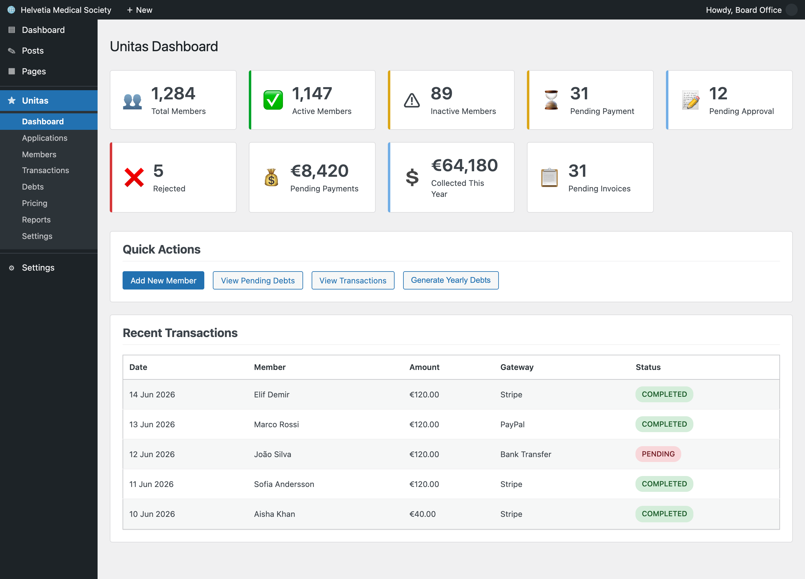 Unitas admin dashboard showing member counts, pending payments and recent transactions